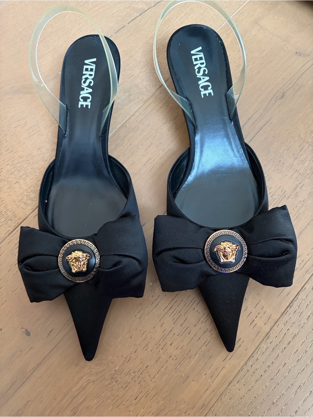 Versace Black Satin Pointed-Toe Bow Slingback Heels with Gold Medusa